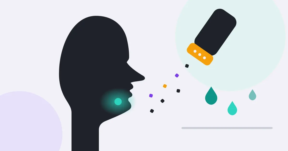Salero volcado cuyos granos caen hacia la mandíbula de una silueta de perfil, iluminada por un halo turquesa, junto a gotas de agua