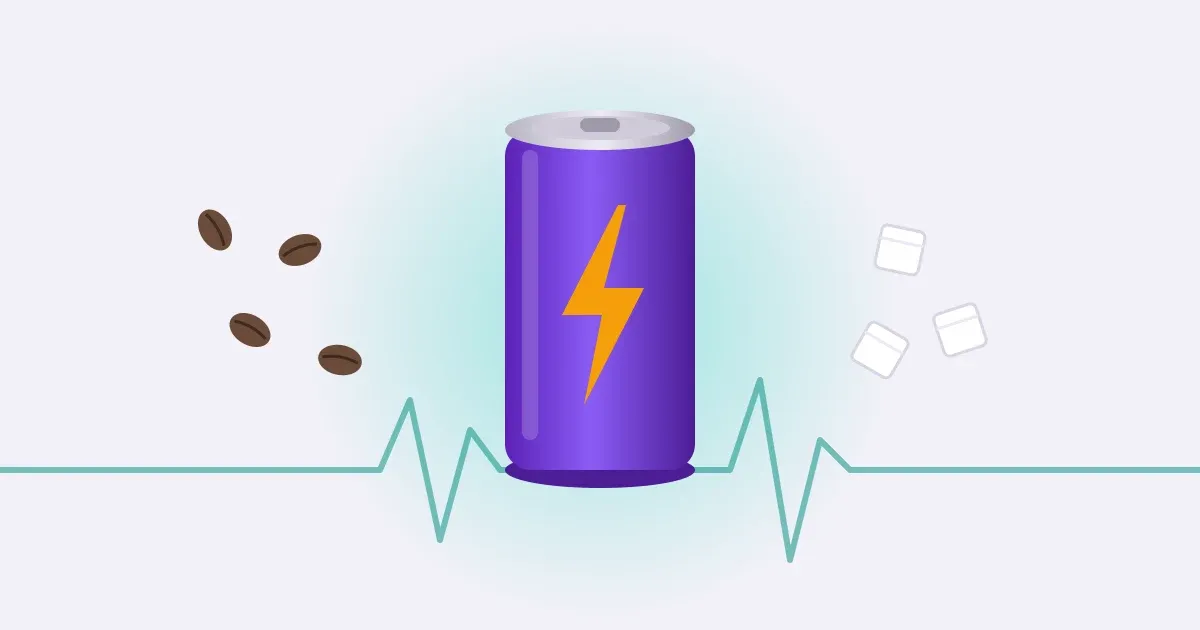 Lata de bebida energética con un rayo, rodeada de granos de café y cubos de azúcar, junto a la línea de un electrocardiograma